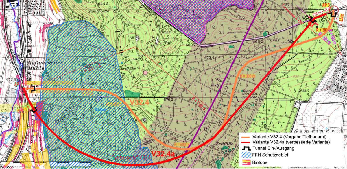 Trassenvorschlag der BI V32.4a mit südlicher Ortsumfahrung und Tunnel